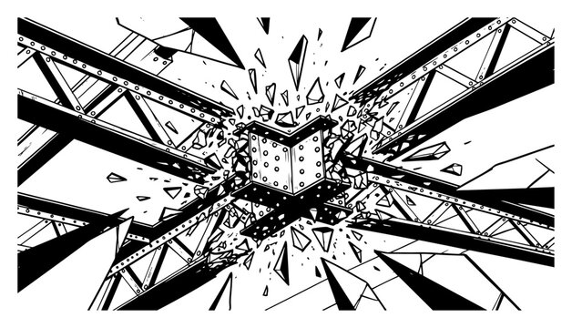 Steel beams structural elements breaking and exploding at a junction in high contrast graphic style