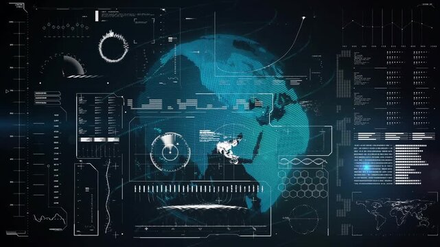 Point-cloud resolving into globe, rotating, charts updating and path marking areas for analytics