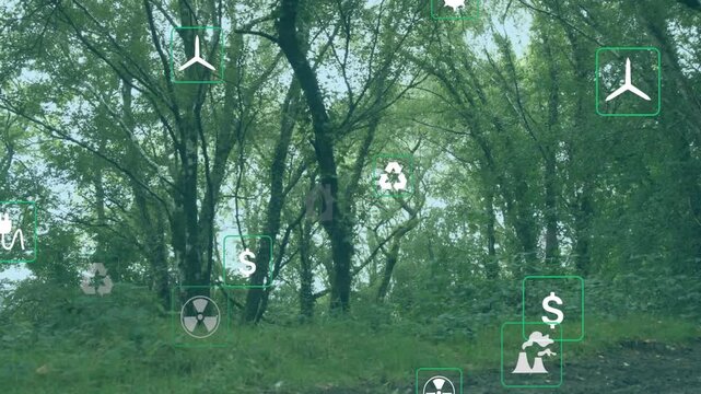 Animated eco icons appearing, pulsing and multiplying over forest to show CO2 and economy data