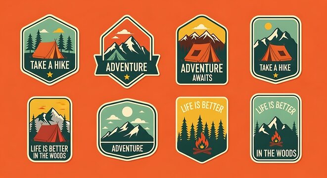 Collection of retro camping badges/patches featuring mountains, tents, and wilderness themes