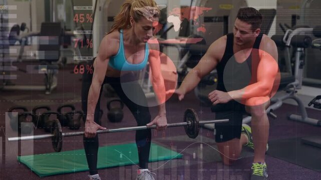 Female client doing hip hinge after trainer cueing, animated percentages guiding form in gym