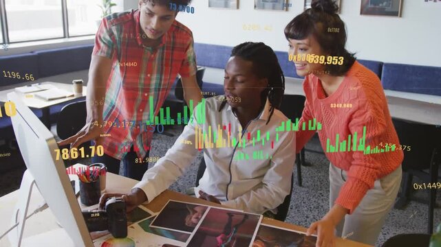 Team clustering at desk, operator using camera and mouse, charts appearing, guiding portrait picks