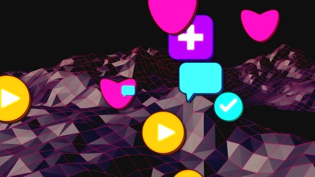 Camera pushing forward starting floating icons popping drifting and grouping to fill neon grid