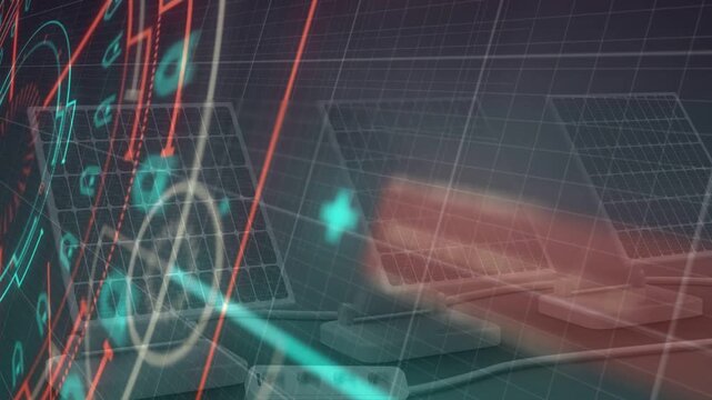 HUD appearing, sending red rays, target aligning solar panels, fading, revealing arrays for review