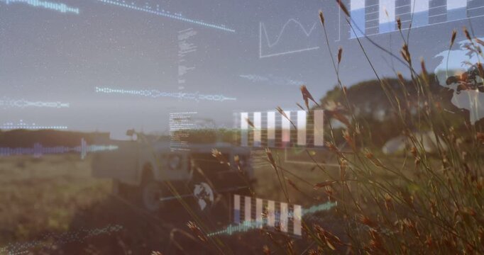 Low sun sparking tech overlays rising over parked white truck, animating waveforms and bar charts