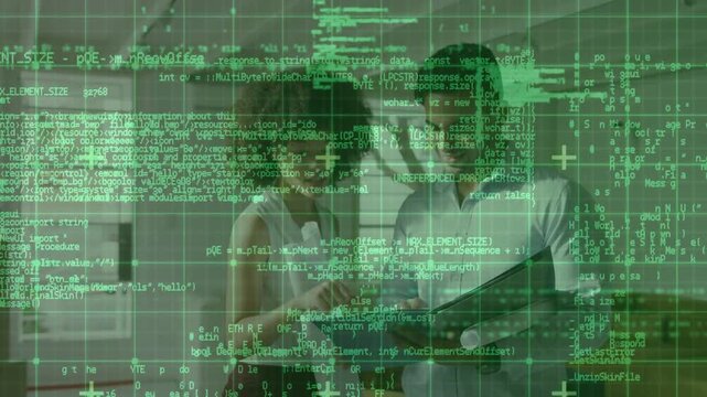 Team doing biz review man opening binder woman pointing sharing sheet as green code overlay pulsing