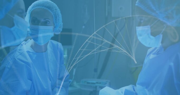 Diverse female clinicians wearing masks and gowns, handling instruments in OR under data overlay