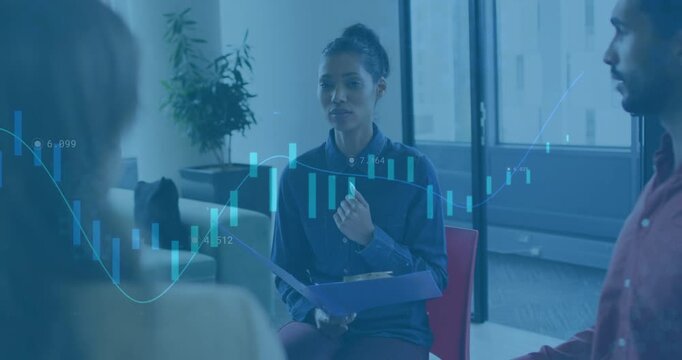 Lead opening folder and speaking in office causing blue candlestick chart overlaying for finance