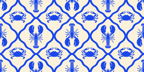 Stoffe zum Nähen Vintage lobster seamless pattern. Italian sea food background illustration in hand drawn style. Retro mediterranean beach surface print design, summer vacation texture.
