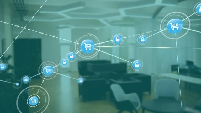 Central cart node emitting rings and spawning lock nodes, mapping ecommerce security across office