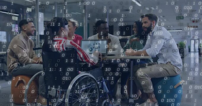 Team pointing at laptop and tapping phone, causing binary stream cascading over for data analysis