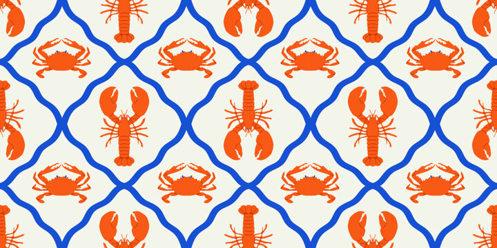 Vintage lobster seamless pattern. Italian sea food background illustration in hand drawn style. Retro mediterranean beach surface print design, summer vacation texture.