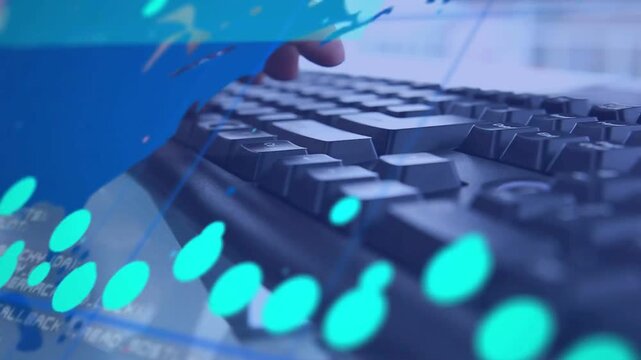 Hands typing on black keyboard, activating teal waveform over keys, numeric code for tech analytics