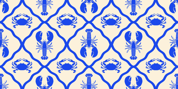 Vintage lobster seamless pattern. Italian sea food background illustration in hand drawn style. Retro mediterranean beach surface print design, summer vacation texture.