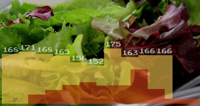 Salad bowl showing chart overlay appearing, bars shifting, fork pouring dressing, showing nutrition