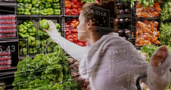 Woman reaching into green pepper bin in mart selecting and checking with AR overlay guiding choice