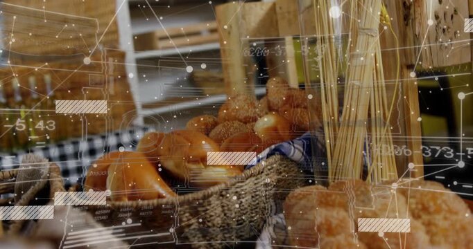 Camera moving closer, HUD overlay floating, bakery basket buns and wheat stalks filling for display