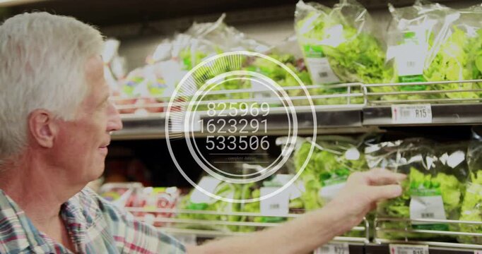 Senior shopper reaching grocery shelf, activating HUD, selecting bag, checking quality, smiling