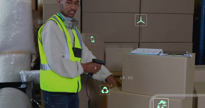 Vertical video: Warehouse worker pressing scanner for stock, scanning boxes, HUD eco icons syncing