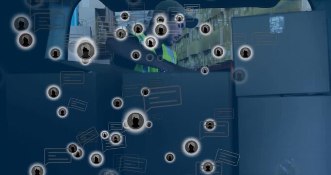 Carrying warehouse worker wearing hi-vis vest moving box to restock in aisle, icons appearing