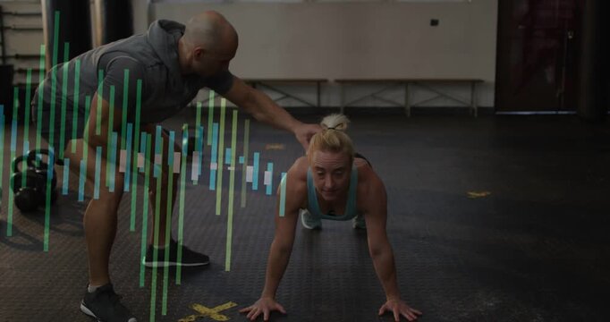 Woman trainee doing push-up drill in gym, trainer cueing rotation for form, overlay spanning front