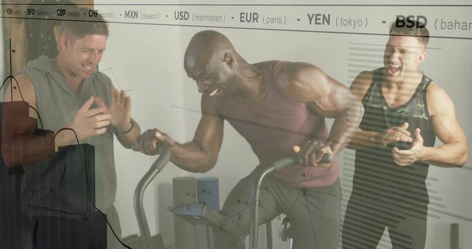 Vertical video: Man mounting stepper stepping hard while team clapping clear finance ticker over