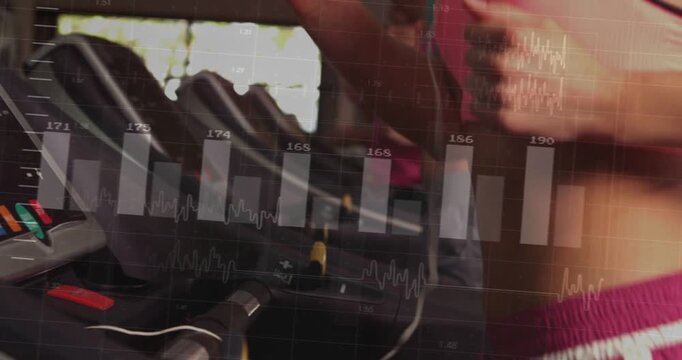 Female runner starting gym treadmill at panel fixing earbuds while animated metrics tracking pulse