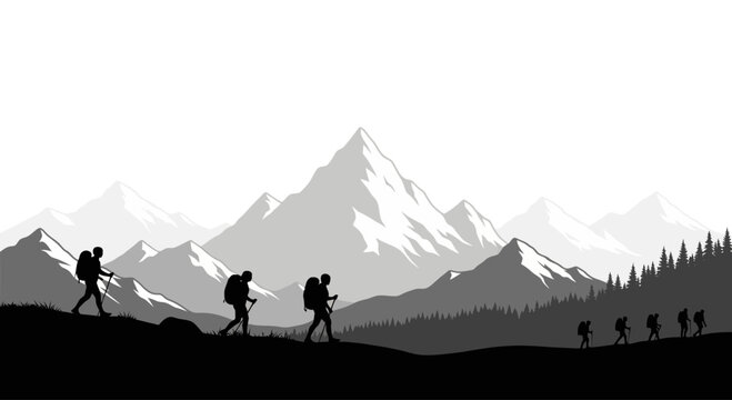 Hikers walking on mountain trail together.