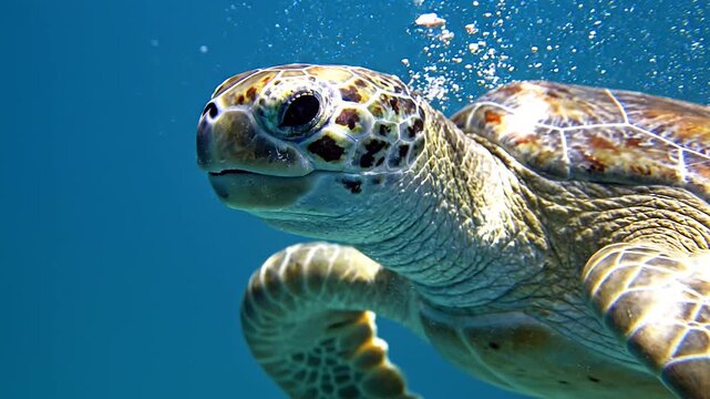 A majestic sea turtle swims gracefully through clear blue water, leaving a trail of tiny bubbles.