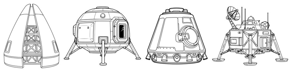 Space exploration vehicle collection featuring lunar lander and rocket modules in line art © Cristiano