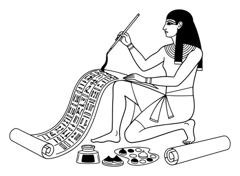 Egyptian scribe writing hieroglyphics on long papyrus scroll in traditional engraving style