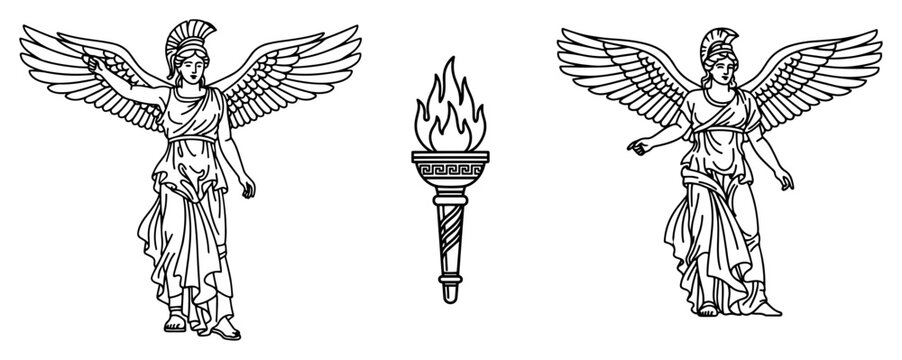 Winged goddess nike figures standing by flaming torch in vintage linear style