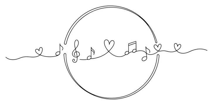 Musical notes and treble clef combined with hearts in continuous line art circle frame style