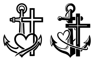 Faith hope love symbols featuring anchor cross and heart in bold black line style © Cristiano