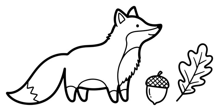 Cute fox with acorn and oak leaf in minimalist forest line art style