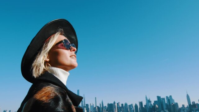 Gorgeous elegant lady in black hat, sunglasses and coat. Low angle view. Blue clear sky and Manhattan skyline in the backdrop.