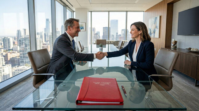Two successful corporate business professionals shaking hands enthusiastically across a dark polished conference table in a modern office meeting room celebrating a finalized deal