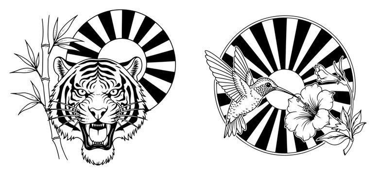 Tiger head and hummingbird with hibiscus flower against sunburst circles in vintage woodcut style