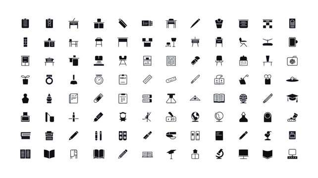 Set of 100 Black Office and Business Line Icons Vector