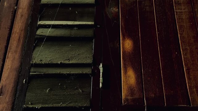 A close-up image of the wall of an old wooden house, more than a century old, reveals the texture, cracks, and dust and cobwebs that have been left untouched by time, reflecting the historical archi