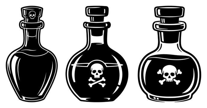 Poison potion bottles with skull and crossbones symbols in black and white vector style
