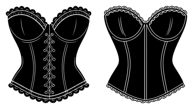 Female corset bodices with lace details in black and white silhouette vector style