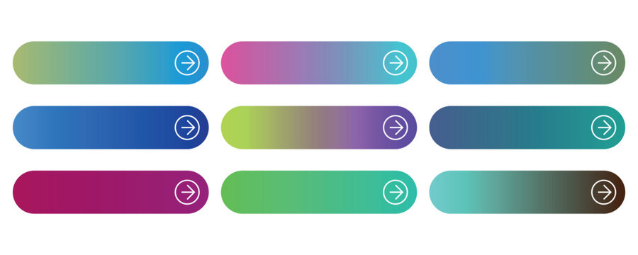 Modern gradient web buttons set, colorful UI navigation bars with arrow icons, 9 vector call to action elements for website and app design