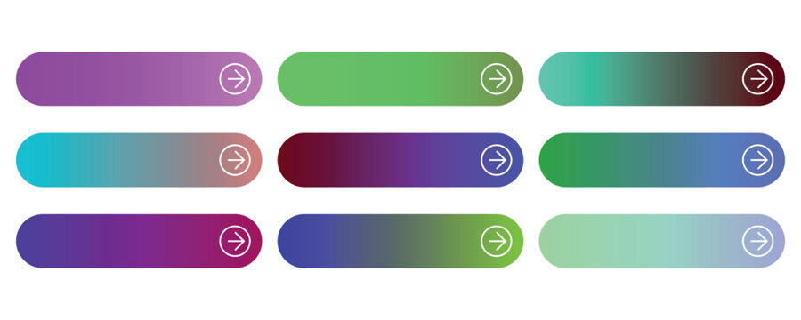 Modern gradient web buttons set, 9 colorful rounded call to action banners with arrow icons, vibrant UI UX interface elements for website design