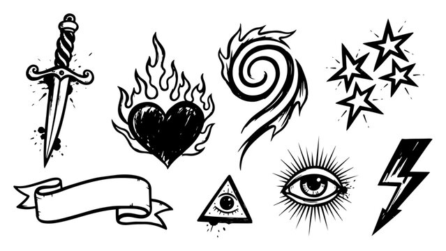 Tattoo flash elements including dagger flaming heart and mystic eye symbols in black and white hand drawn style