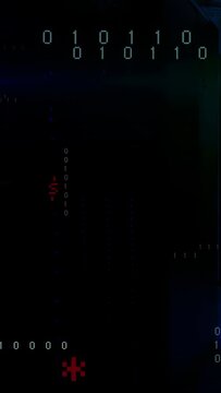 Vertical video: Binary column sliding, revealing more code as tech feed triggers pulsing red glyphs