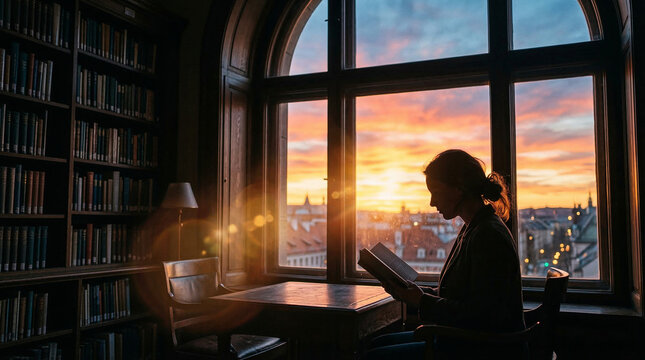 Thoughtful silhouette of a young woman sitting comfortably in a dark cozy home library reading a book illuminated by bright warm sunlight shining through a large gothic window