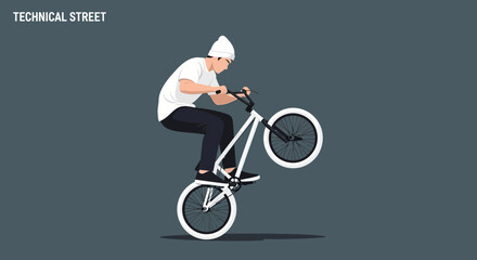 Naklejka premium Man Performing Bicycle Wheelie Skillful Extreme Sport Action