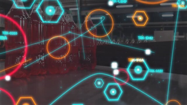 Cam shifting right starting AR HUD tracking red bottles, lines sweeping, hexagons pulsing for stock