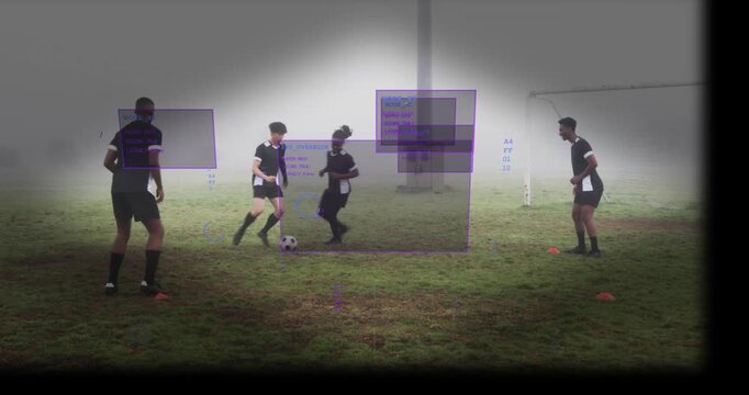 Defender pressing, central player controlling ball, feinting and shielding, passing for possession